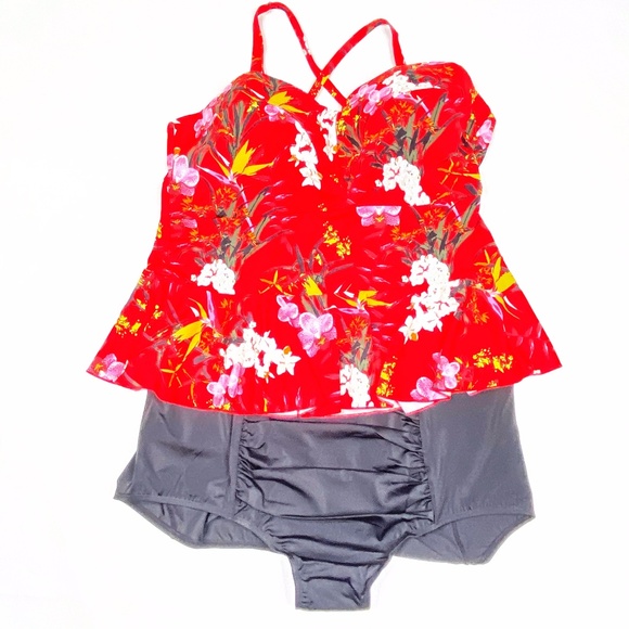 GILI Swimsuit Peplum Tankini 24 Red tropical - Picture 1 of 8